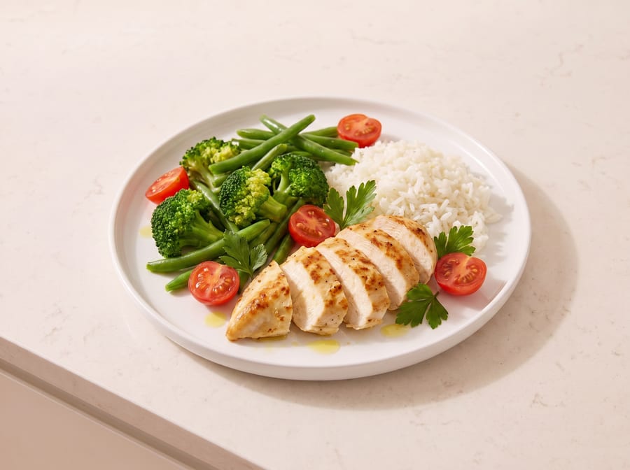 Balanced plate with sliced chicken breast, white rice, broccoli and green beans