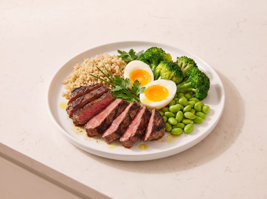 High-protein plate with sliced steak, quinoa, boiled eggs, broccoli and edamame