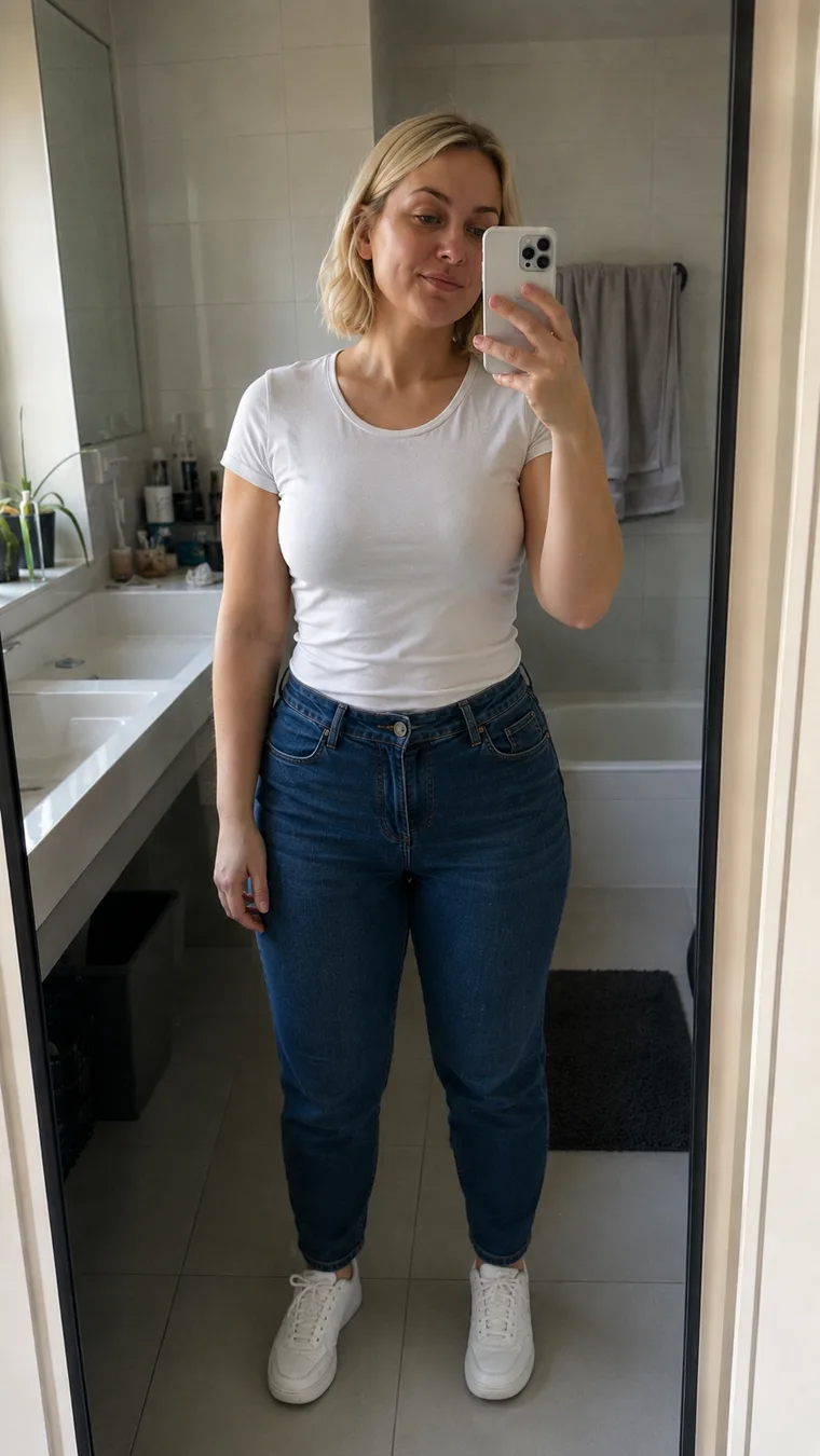 Ann after following the meal program, visibly leaner in white t-shirt