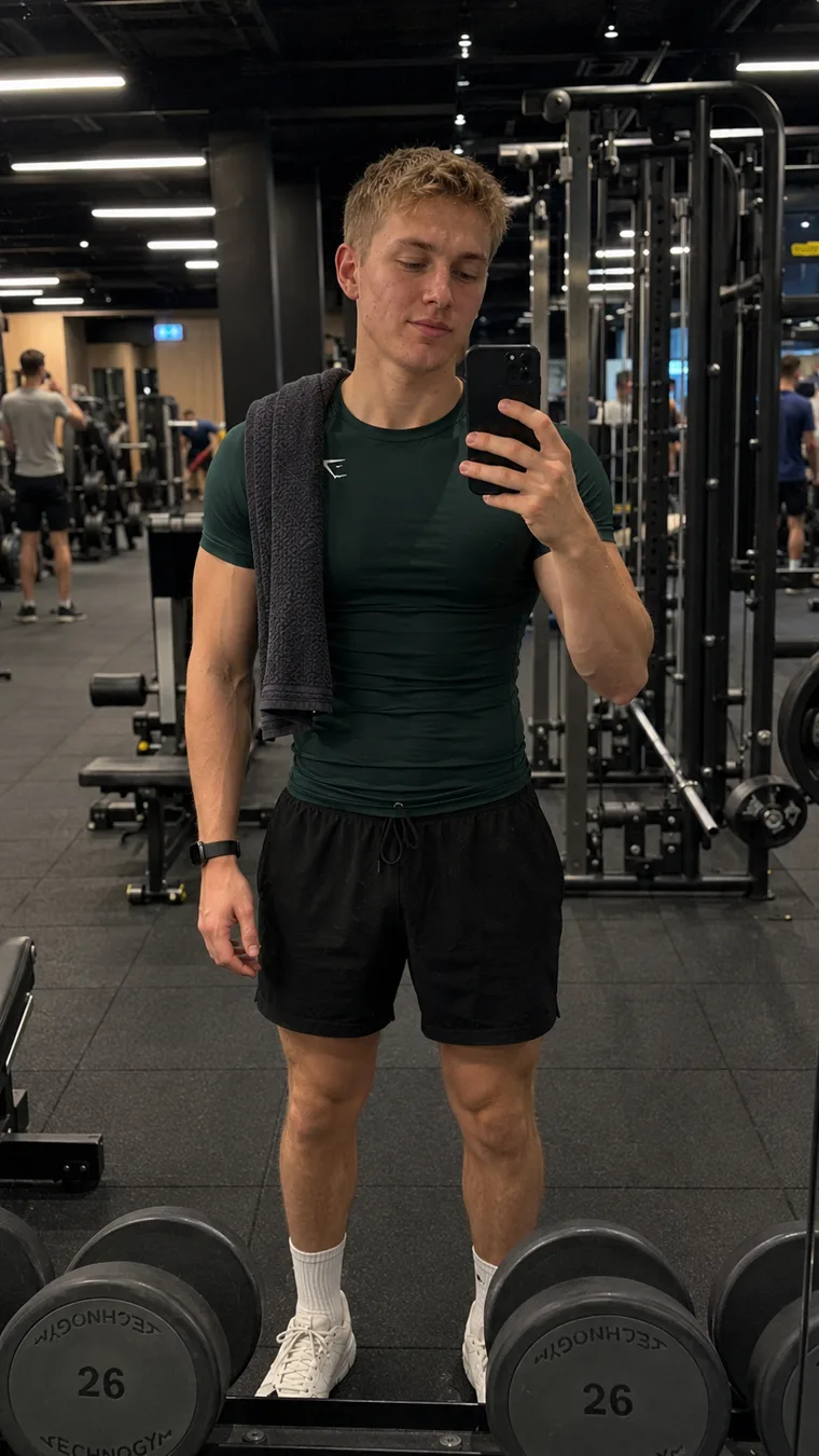 Harry after following the meal program, visibly more muscular at the gym