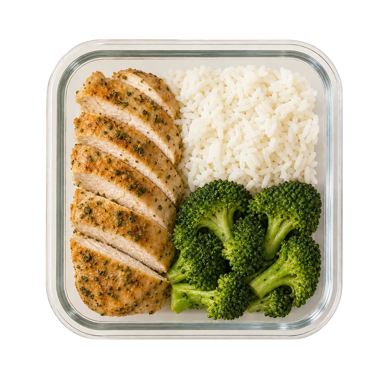 Glass meal-prep container with garlic chicken, rice and broccoli