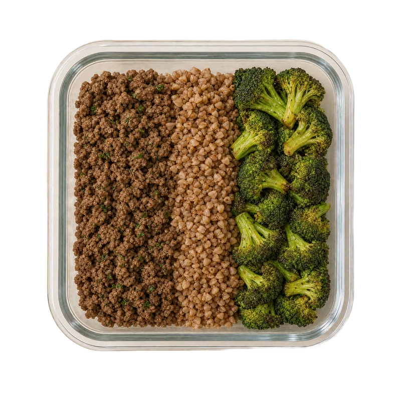 Glass meal-prep container with minced beef, buckwheat and broccoli